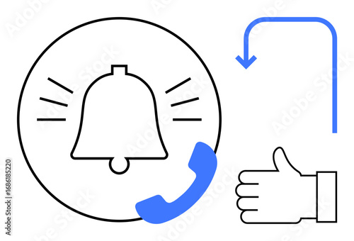 Bell with sound waves, phone receiver, thumbs-up hand, and arrow representing notifications, approval, or incoming calls. Ideal for communication, alerts, reminders updates feedback UI simple