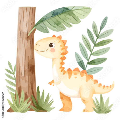 Cute watercolor dinosaur illustration for kids.