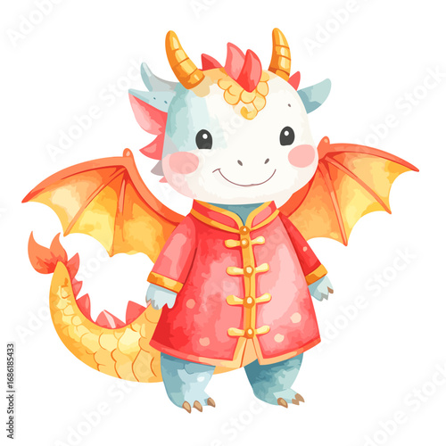 Adorable watercolor dragon in traditional Chinese attire smiling happily.