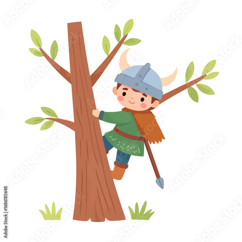 Child Viking Climbing a Tree.