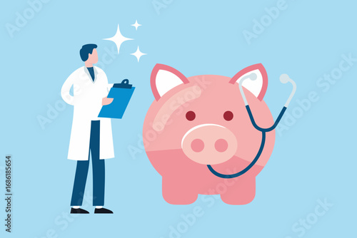 Doctor with clipboard checking on a piggy bank with a stethoscope symbolizing healthcare finance and savings