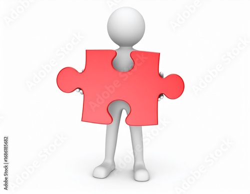 A white 3D figure holding a large, red puzzle piece. A symbolic image representing concepts of problem-solving, teamwork, partnership, and finding solutions.

