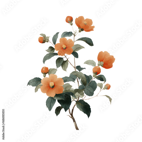 Delicate watercolor illustration of orange camellia flowers and buds with dark green leaves on a branch