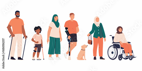 Diverse group of people with disabilities and a service dog standing together
