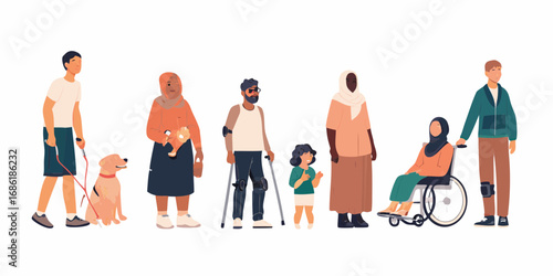 Diverse group of people with disabilities and a guide dog standing together