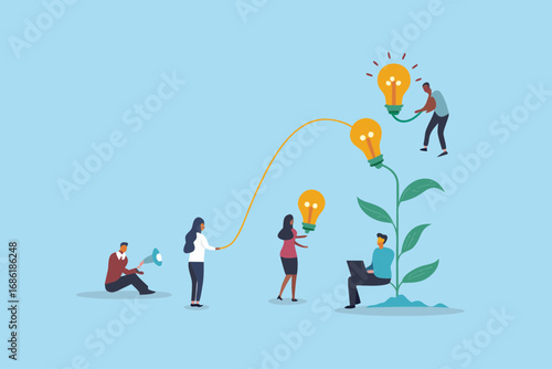 Diverse team collaborating to grow ideas and achieve business success through innovation and teamwork