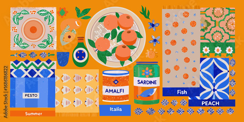 Vibrant italian summer scene with peaches sardines pesto and mediterranean patterns