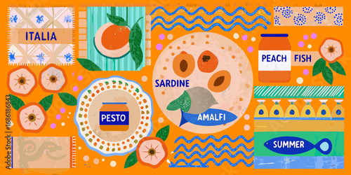 Vibrant italian summer collage featuring peaches pesto sardines and amalfi coast elements