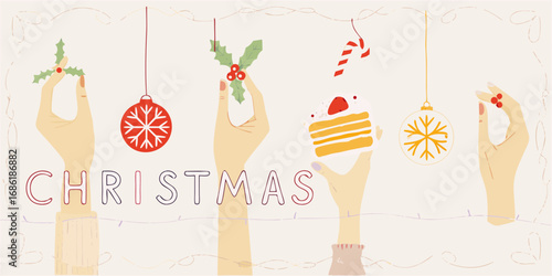 Hands holding christmas decorations and treats with the word christmas spelled out