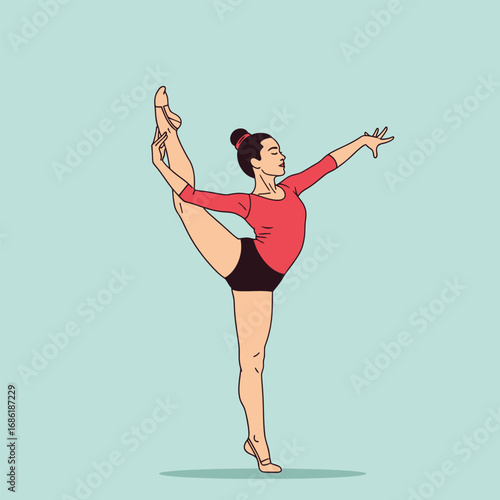 A female gymnast performing a split, showcasing athleticism and flexibility.