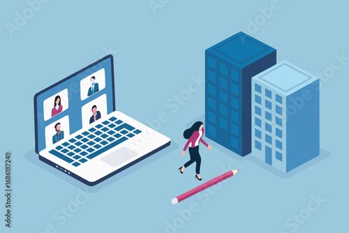 Businesswoman walking towards office buildings after a remote video conference meeting on laptop