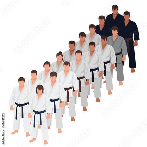 Karate students in white and black uniforms, progressing through ranks, shown in a diagonal formation.