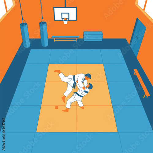 Two judoka grapple intensely on a mat in a brightly lit dojo,  heavy bags and a basketball hoop visible in the background.
