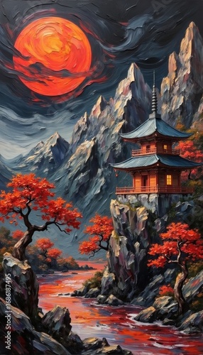 Serene Oriental Landscape with Pagodas, Bridge, and Majestic Mountains Under Red Sun