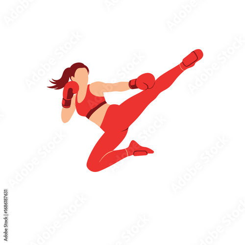 A woman in red sportswear performs a high kick, demonstrating martial arts training.