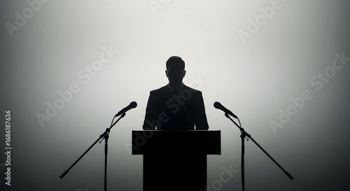 Silhouette of a speaker at a podium delivering a speech important announcement press conference business presentation