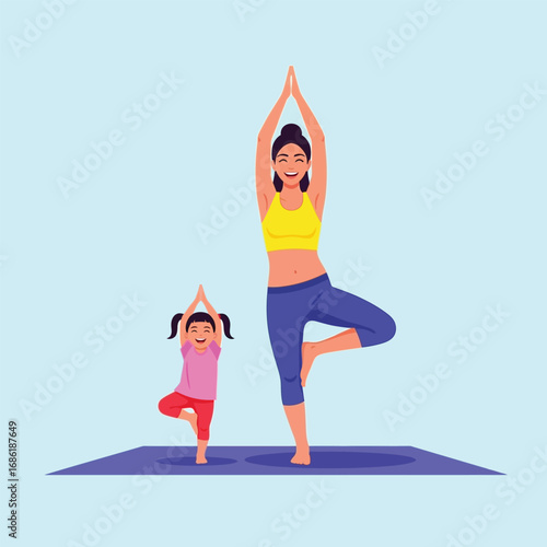 Mother and daughter practicing yoga together, balancing in a tree pose, smiling.