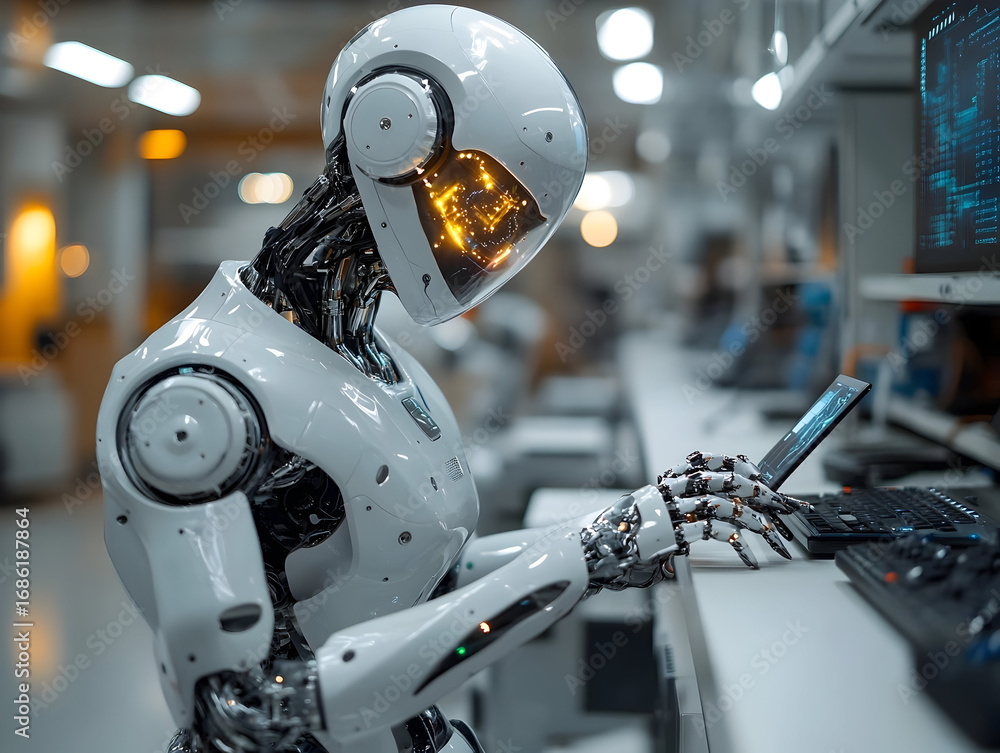 Fototapeta premium Housed in a high-tech laboratory, a sophisticated humanoid robot interacts with a tablet and computer, highlighting advancements in robotics and artificial intelligence