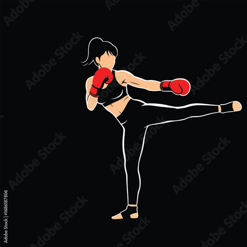 A woman in athletic wear and boxing gloves is performing a side kick against a black background.