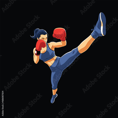 A woman in athletic wear and boxing gloves performs a high kick, showcasing strength and flexibility.