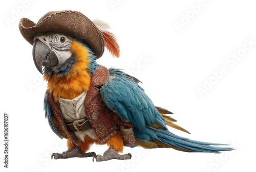 Colorful Parrot in Pirate Costume with Hat and Feather on Transparent Background