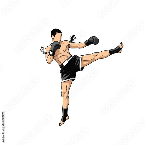 A muscular fighter wearing boxing gloves and shorts performs a high kick, showcasing Muay Thai technique.