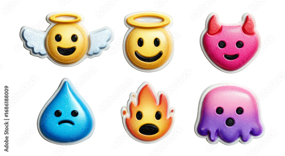 Fototapeta premium Colorful Emoji Icons with Angel, Devil, Water, Fire, Ghost Shapes