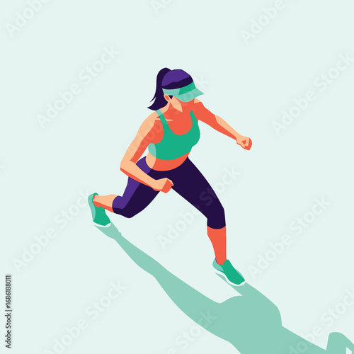 A woman in athletic wear performs a lunge exercise, casting a long shadow on a light background.