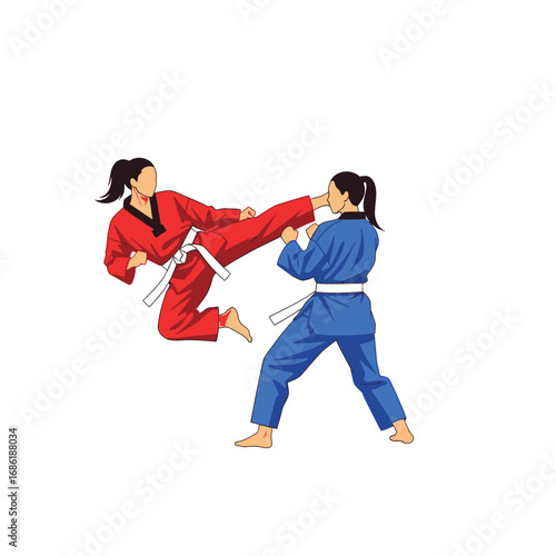 Two women practicing martial arts, one in red performing a high kick, the other in blue defending.