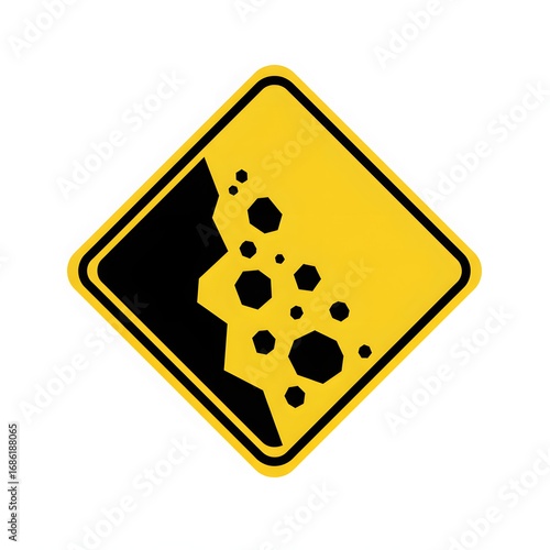 A yellow diamond-shaped warning sign depicting a black silhouette of falling rocks or a landslide.
