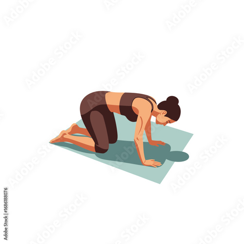 Woman performing a yoga pose, likely Cat-Cow, on a yoga mat.