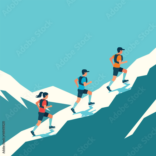 Three runners ascend a snowy mountain trail, symbolizing teamwork and achievement.