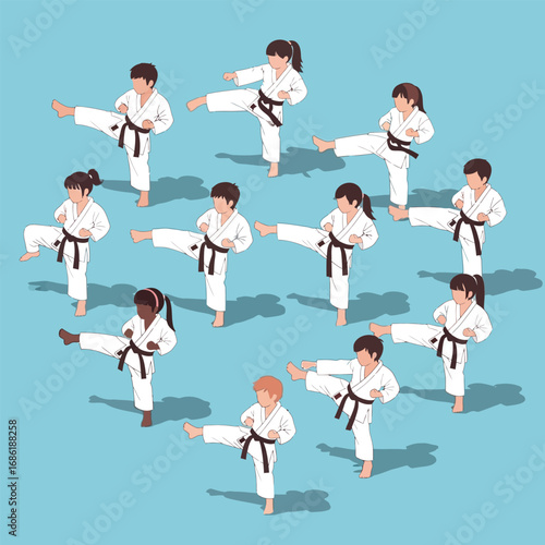 A group of children in karate poses, demonstrating various kicks, in a circular formation.