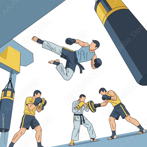 Martial arts training, featuring diverse fighters practicing kicks and punches in a gym setting.