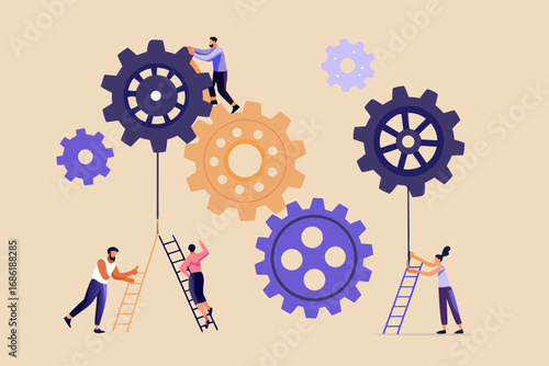 Diverse team of people working together to turn large gears representing collaboration and teamwork