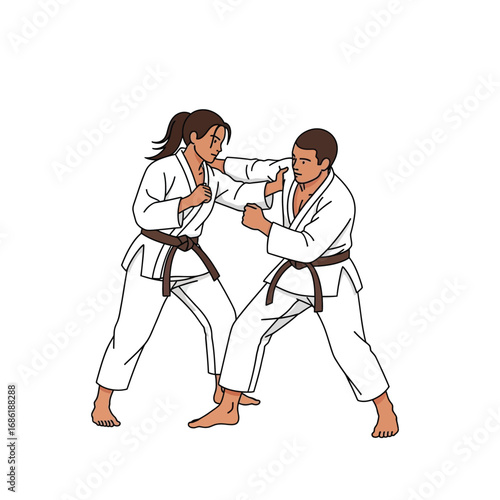 Two martial artists in white kimonos, engaged in a karate or jujitsu sparring match, demonstrating a dynamic technique.