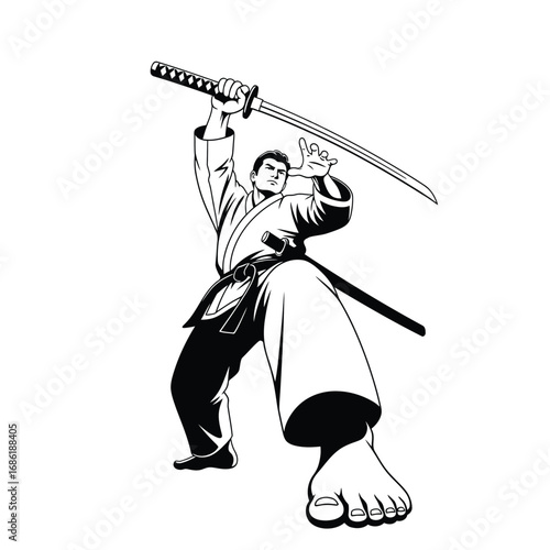 A martial artist wielding a katana, poised in a dynamic fighting stance.