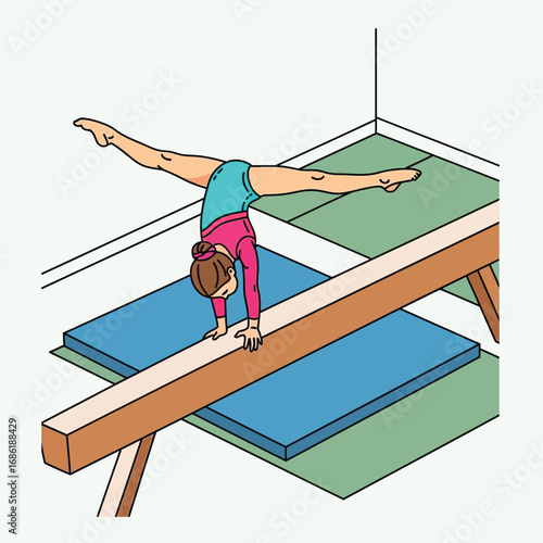 Young gymnast performing a handstand split on a balance beam during training.