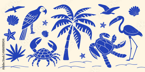 Vibrant blue tropical beach scene with palm trees flamingos parrots crabs turtles and seashells