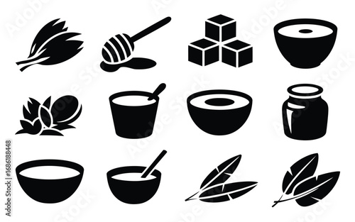 Vector art of black and white vector illustration of ayurvedic ingredients for traditional medicine, cooking, and wellness concepts
