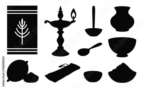 Vector art of black and white vector illustration of ayurvedic ingredients for traditional medicine, cooking, and wellness concepts