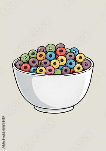 Bowl of Colorful Cereal Rings Cartoon Illustration