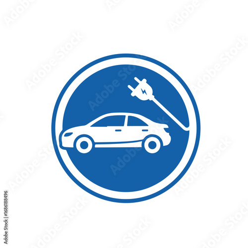 A white car connected to a plug inside a blue circle