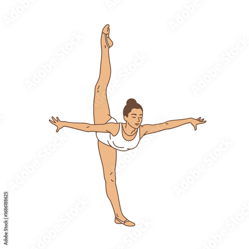 A graceful dancer performs a split, extending arms and legs in a balanced pose.