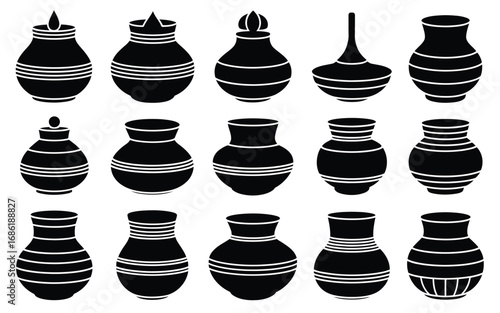 Vector art of collection of traditional indian pots and vases, showcasing various shapes and designs, perfect for cultural or decorative projects