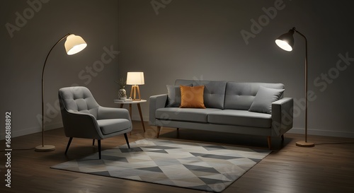 Modern Living Room Interior with Stylish Furniture and Warm Lighting