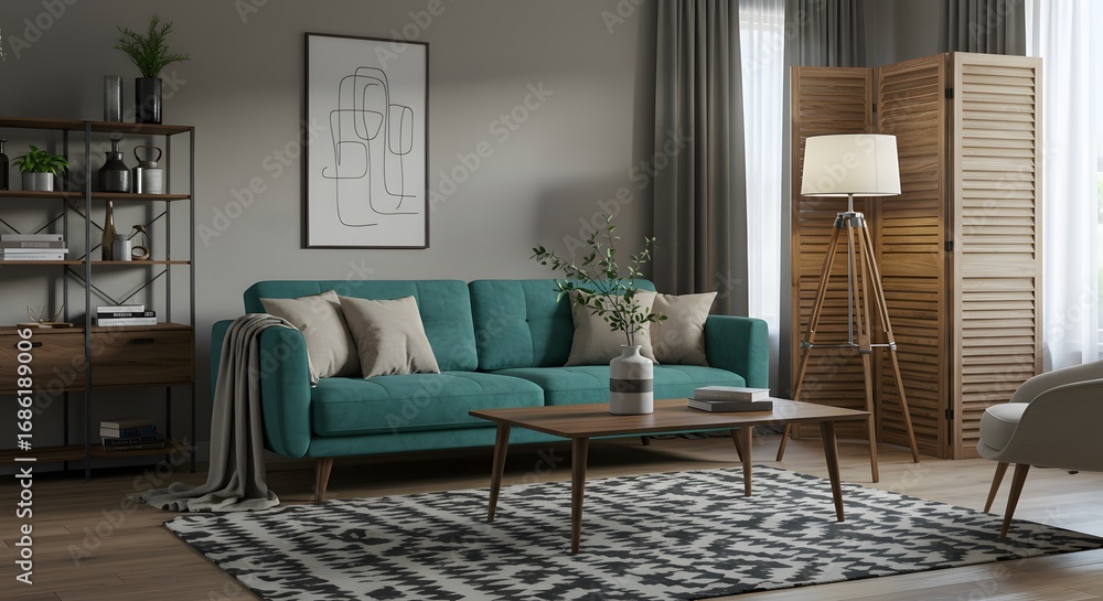 Obraz premium Modern Living Room Interior with Teal Sofa and Stylish Decor