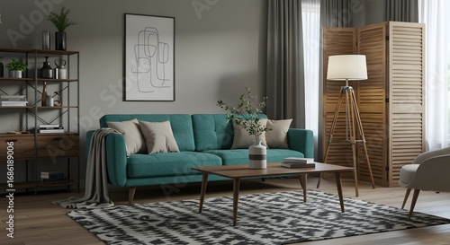 Modern Living Room Interior with Teal Sofa and Stylish Decor