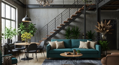 Modern Living Room Interior with Teal Sofa and Wooden Staircase
