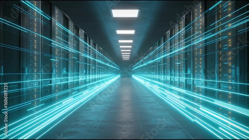 Wallpaper Mural Data center server room corridor with glowing blue light trails and glowing line data transfer gateway, neon data tunnel conveying high speed futuristic network energy and fiber optic high tech motion Torontodigital.ca